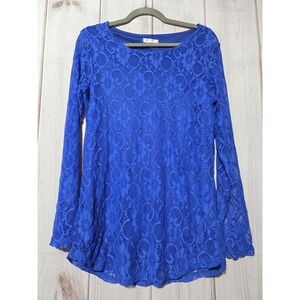 SoTeer Blouse Womens Medium Blue Floral Lace Long Sleeve Tunic Top Stretch